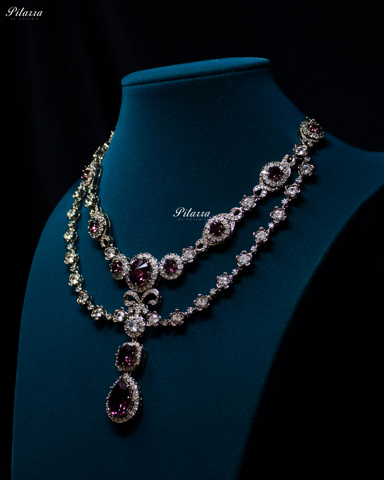 Amethyst Two Layer Antique Silver finish CZ Rhodium polish Necklace Set