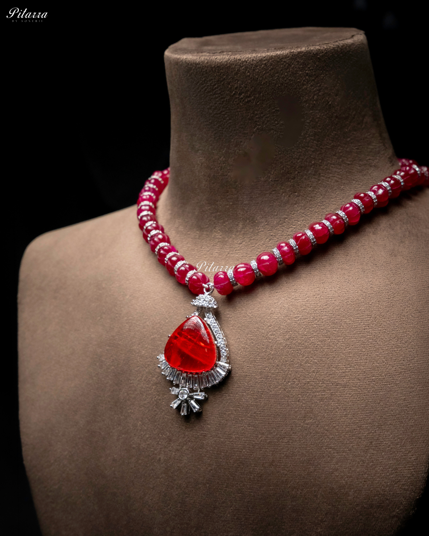 Red Stone Red Cultured Pearl Pendent Necklace Set