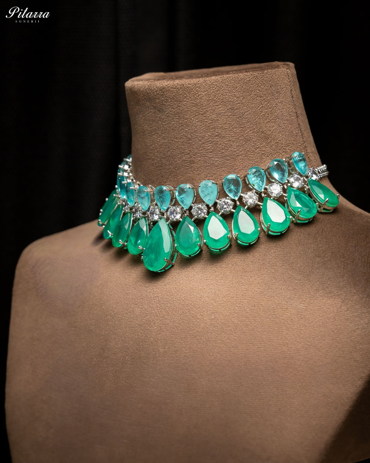 Aqua Green & Light Aqua Blue Crystal Statement Choker Necklace Set
