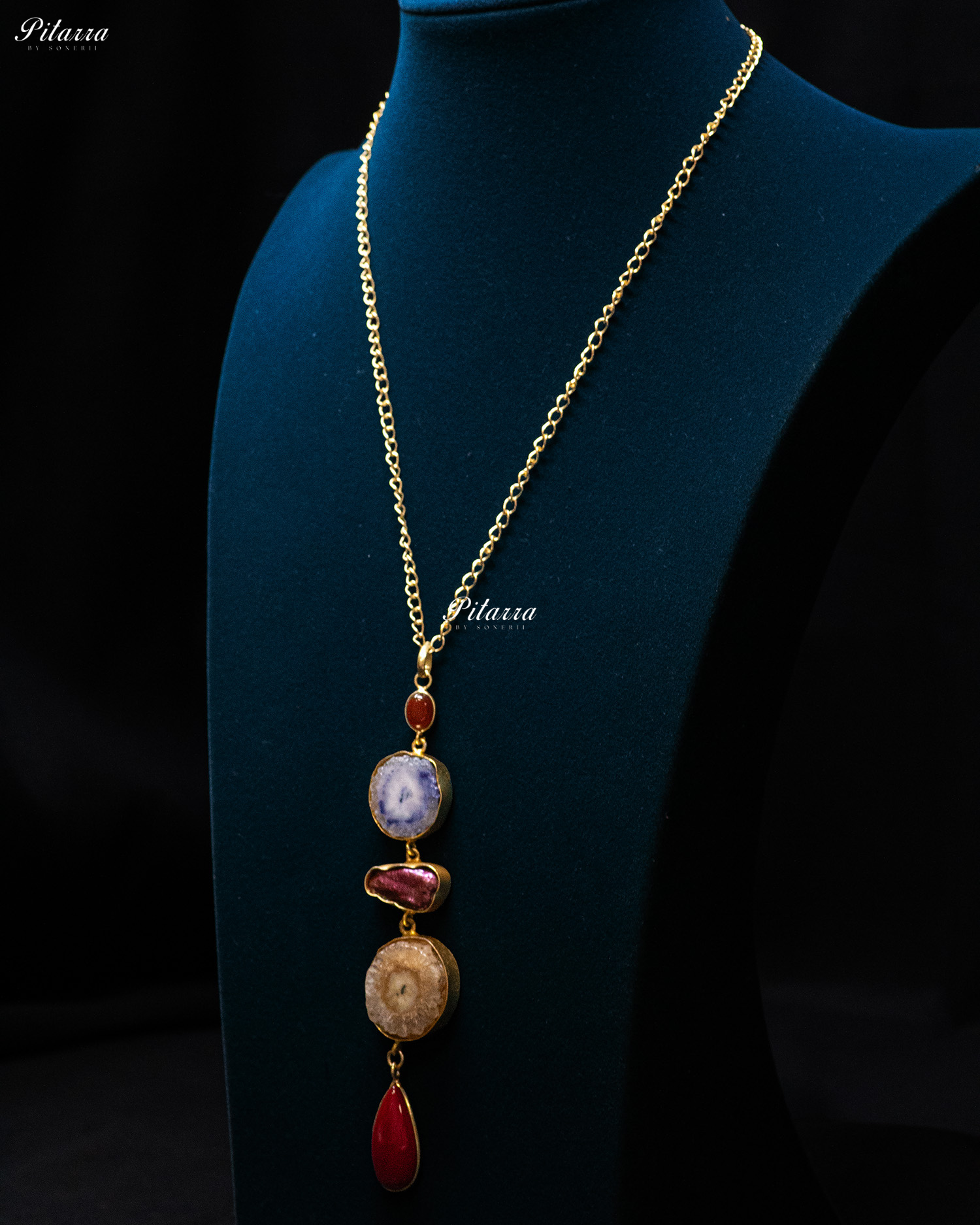 Red Drop Textured Circle Five Raw Stone Long Pendant
