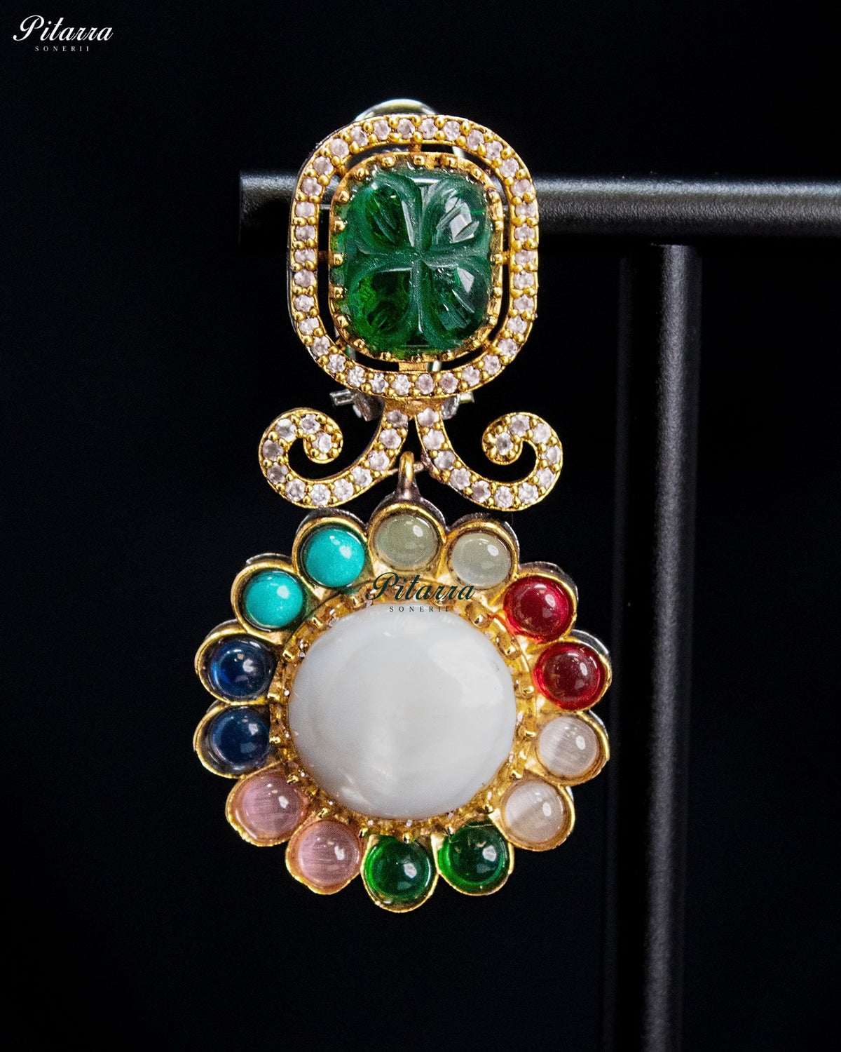 Emerald Green Multicolor Kundan Style Gold Tone Traditional Dangler Earrings