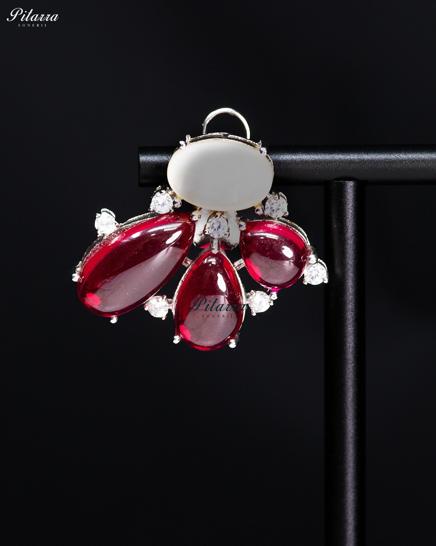 Ruby Red Crystal Floral Stud Earrings
