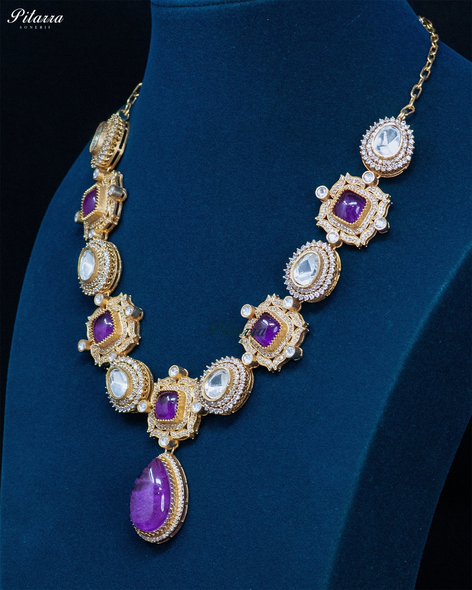 Purple Square and Teardrop Kundan Necklace Set