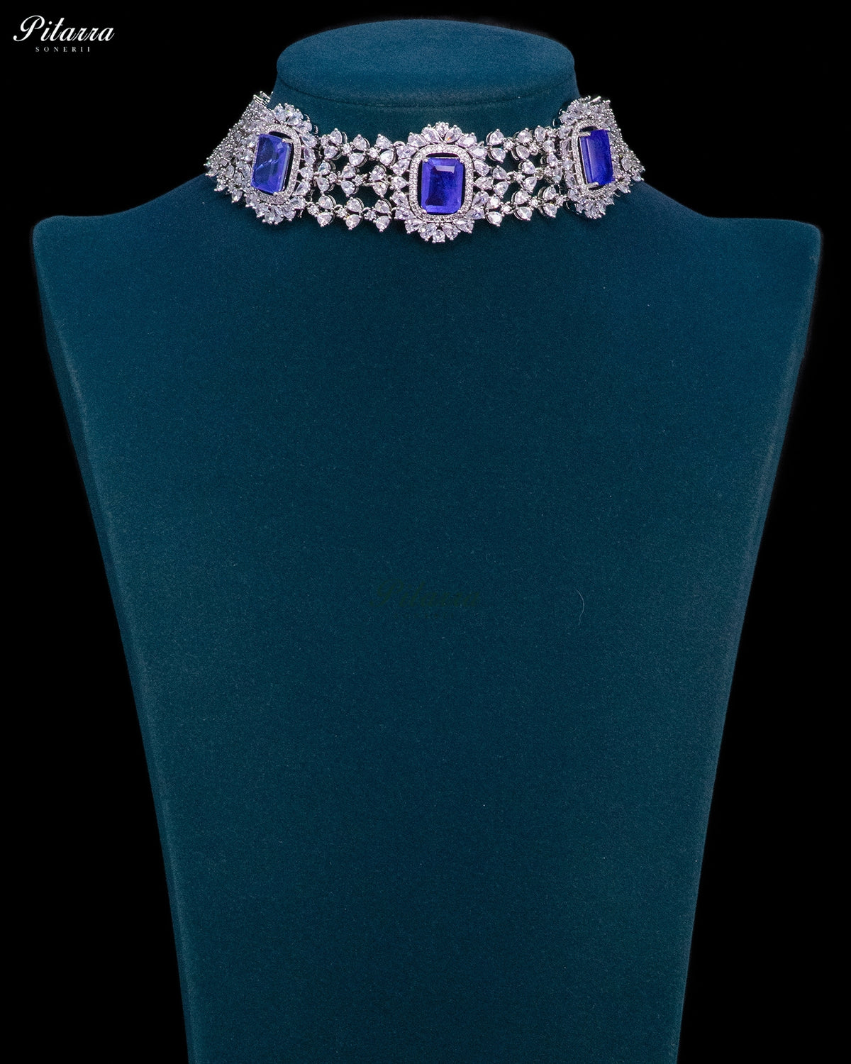 Royal Blue Stone Rectangular Zircon Silver Crystal Choker Necklace Set