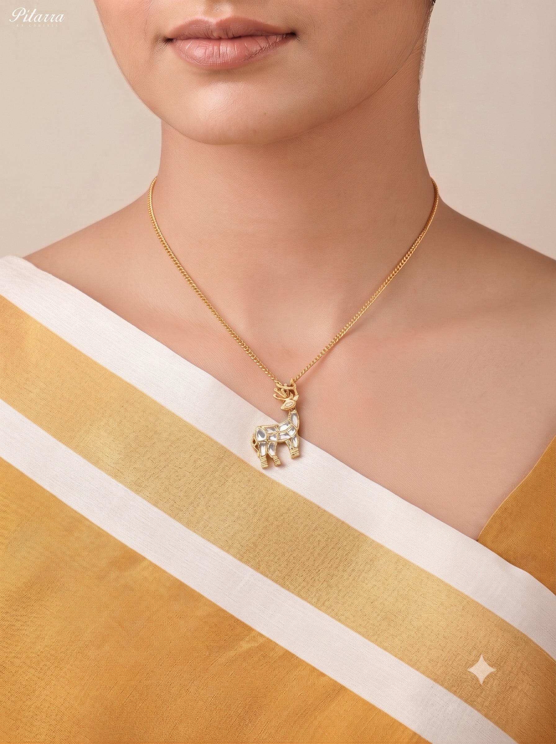 White Hiran Chain Kundan Pendant Necklace