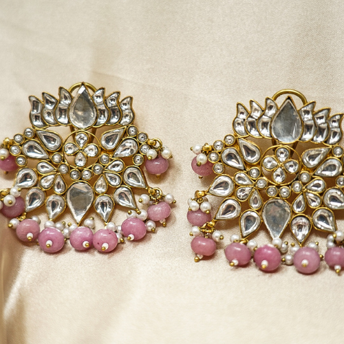 Pink & White Beads Kundan Earrings
