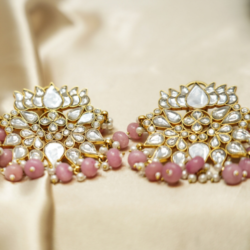 Pink & White Beads Kundan Earrings
