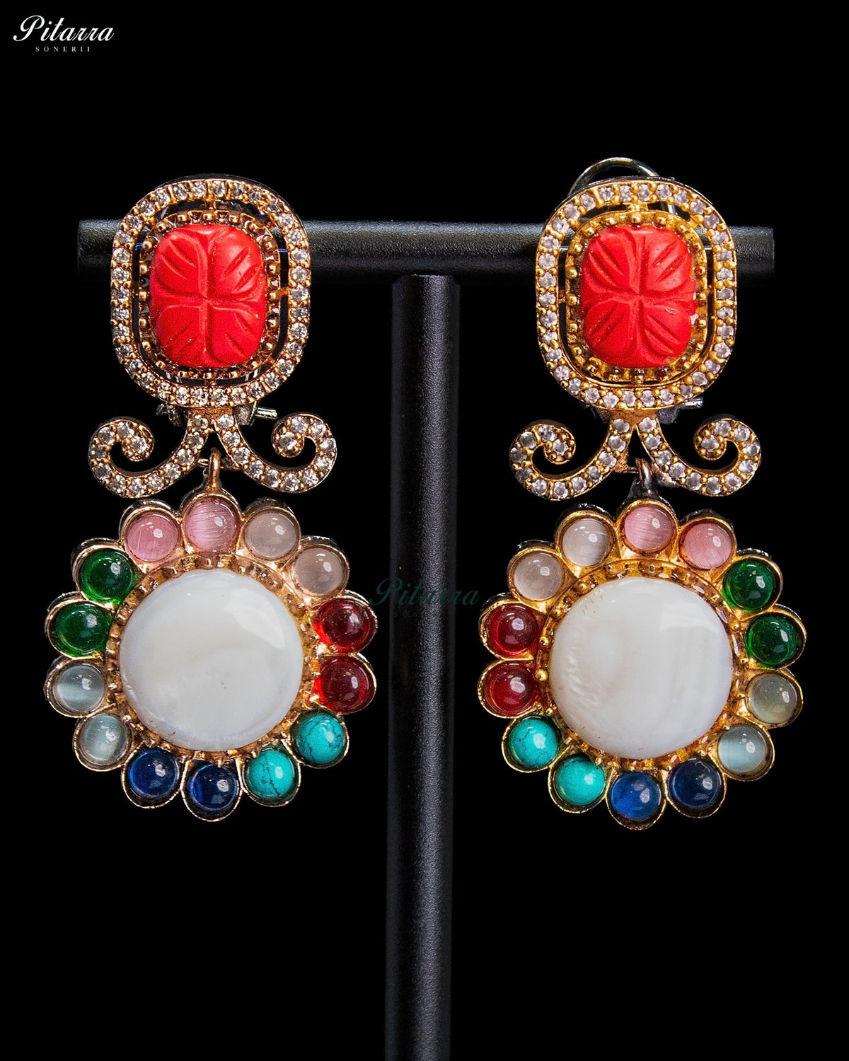 Red Multicolor Kundan Style Gold Tone Traditional Dangler Earrings