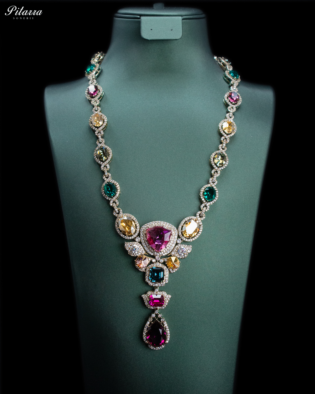 Pink and Blue Crystal Necklace Set with Pink Drop Earrings