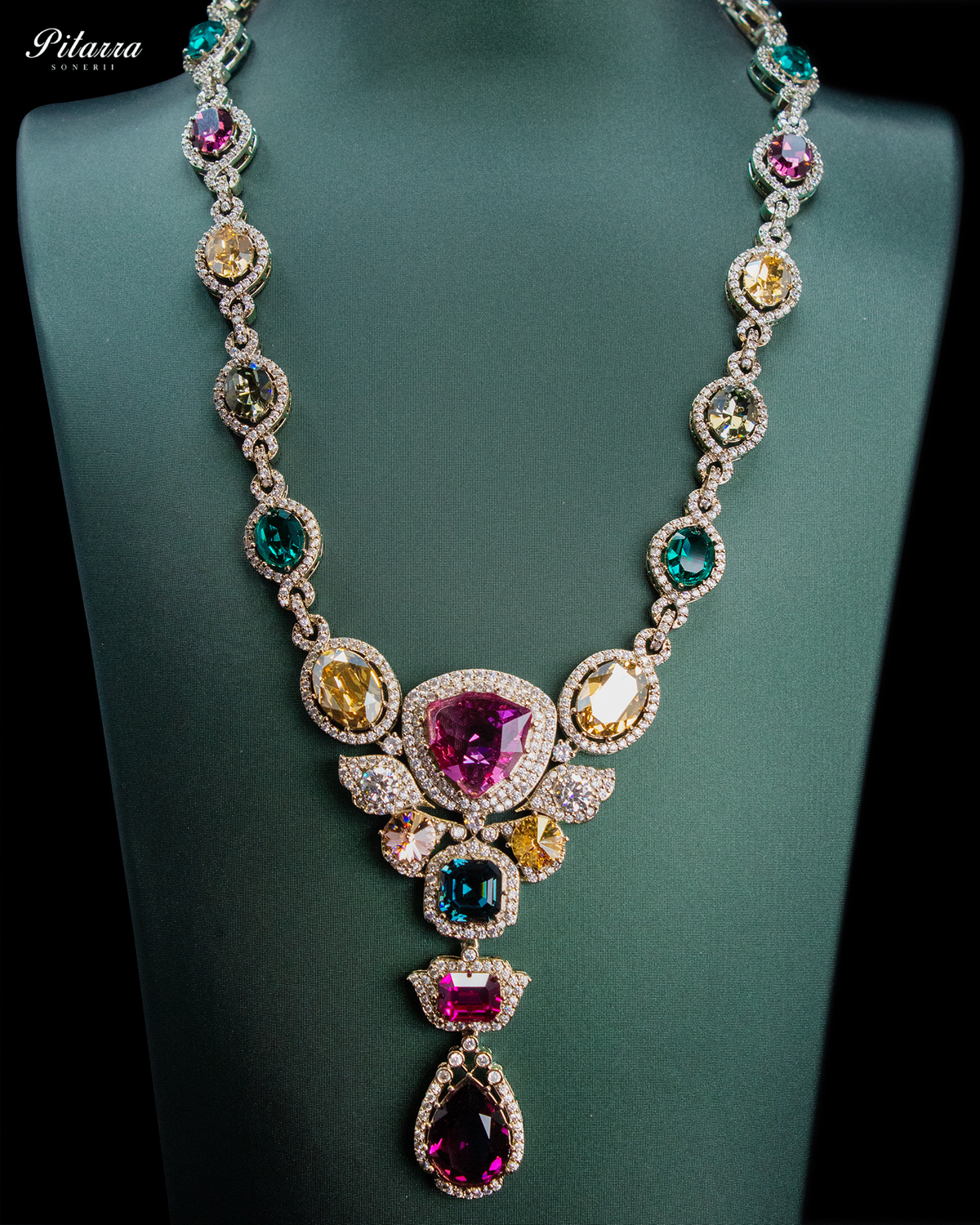 Pink and Blue Crystal Necklace Set with Pink Drop Earrings