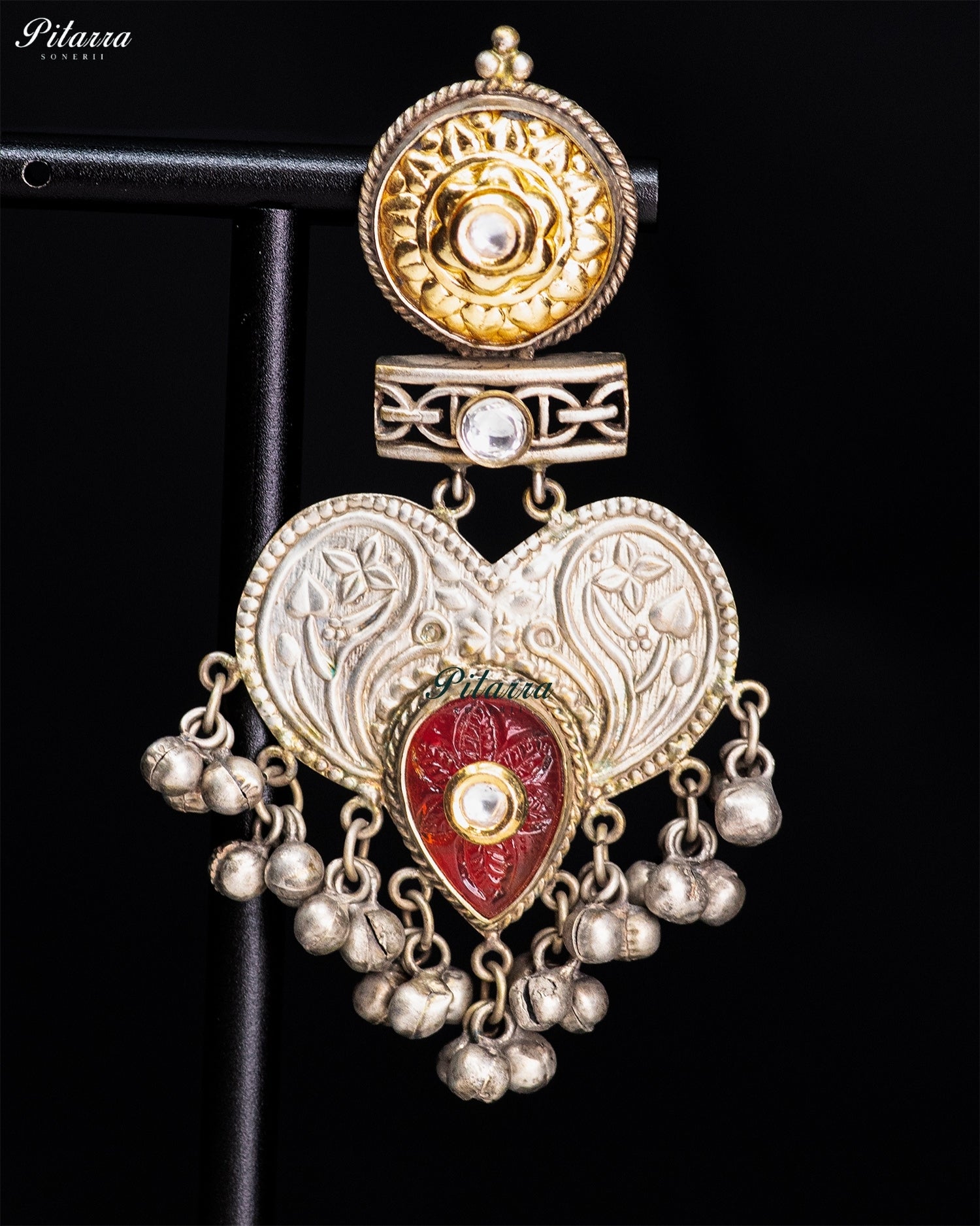 Red Stone Silver Look-Alike Heart Motif Statement Earrings