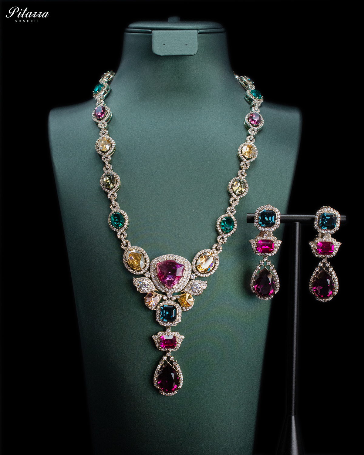 Pink and Blue Crystal Necklace Set with Pink Drop Earrings