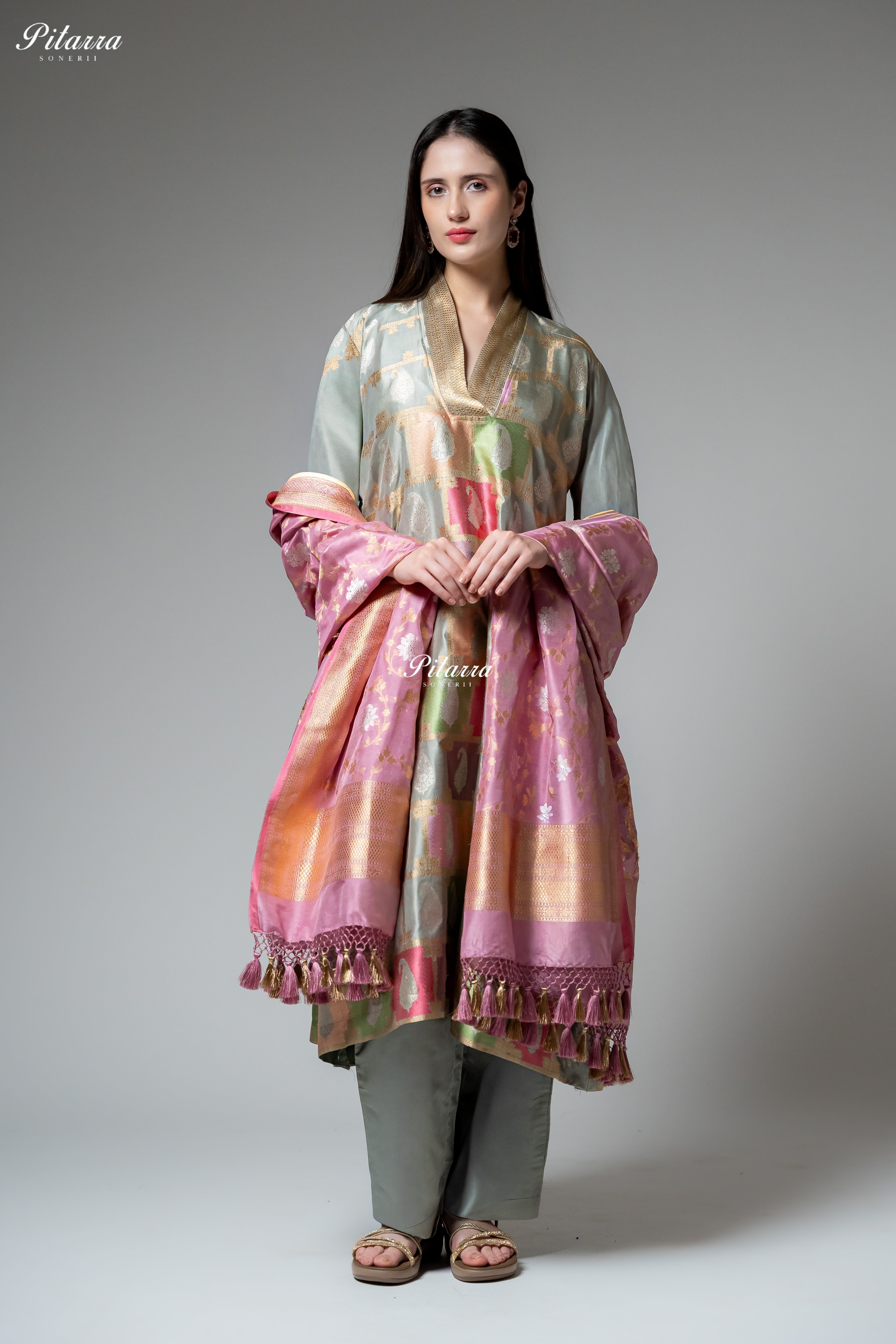 Sage Green Multicolour Zari Paisley Kurta Set with Dupatta