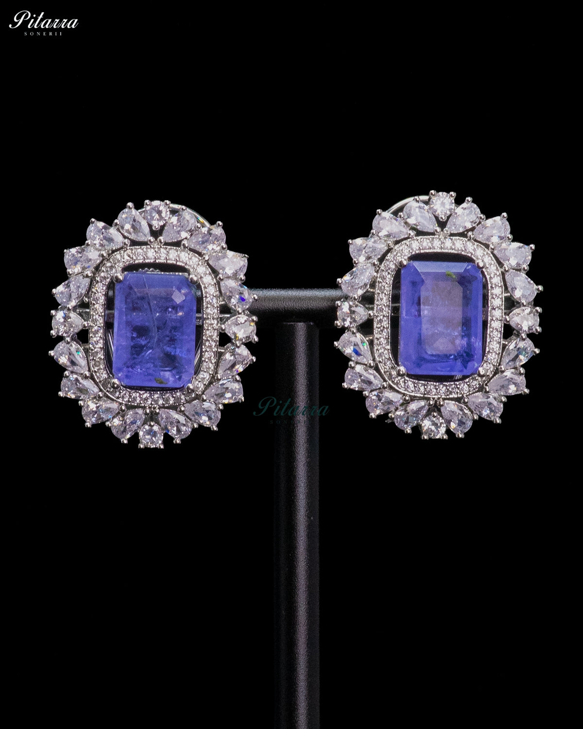 Royal Blue Stone Rectangular Zircon Silver Crystal Choker Necklace Set