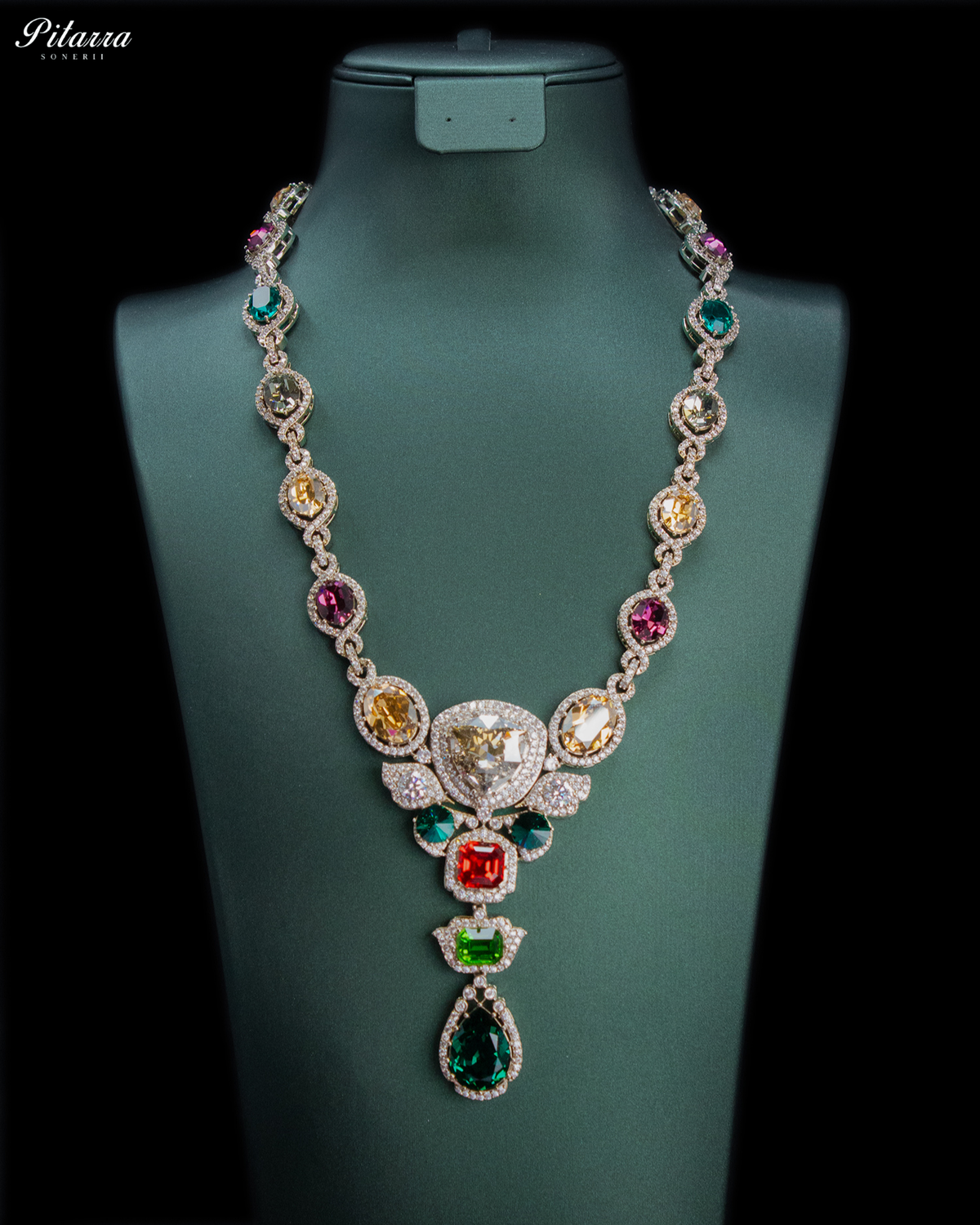 Green and Red Crystal Necklace Set with Green Drop Earrings