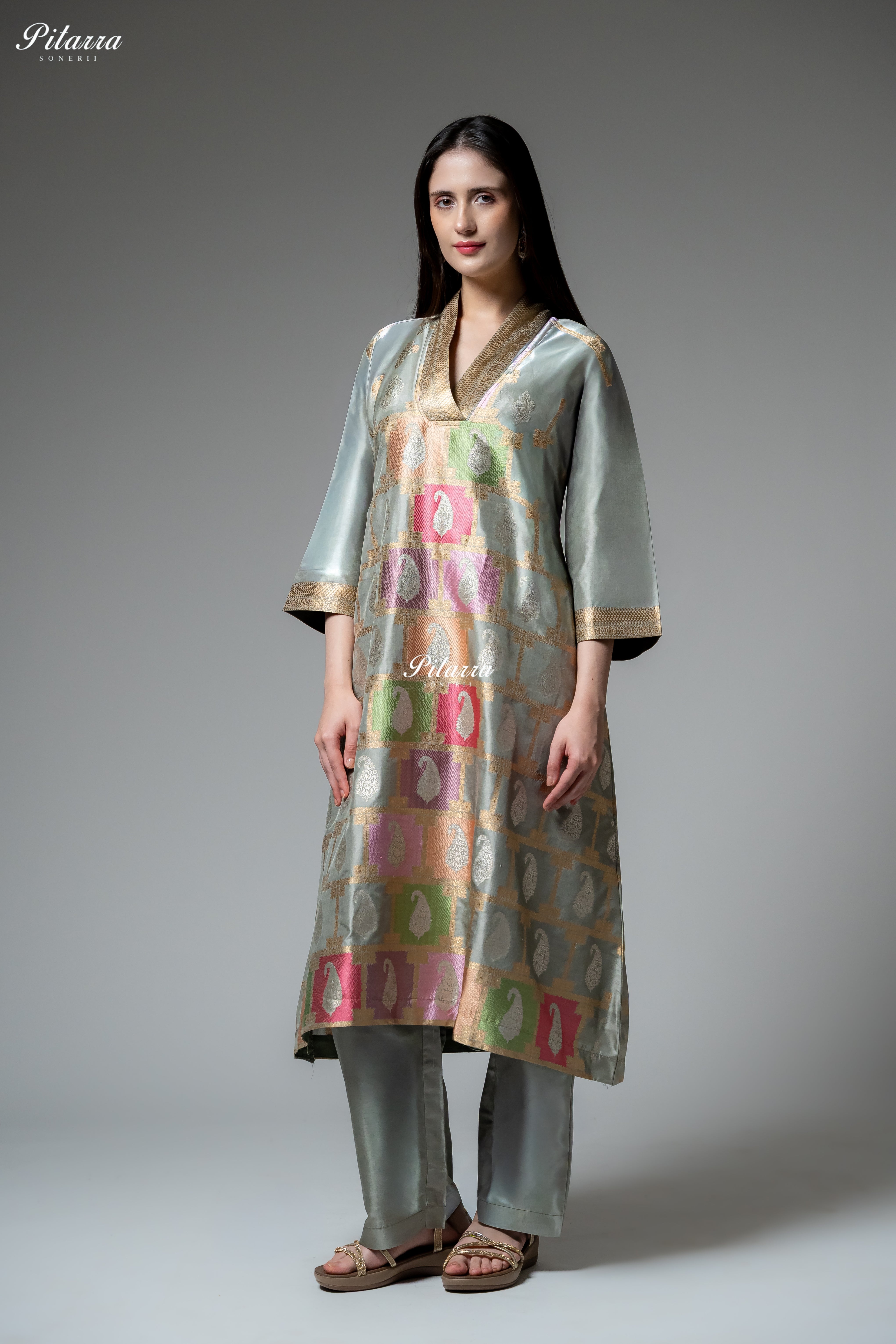 Sage Green Multicolour Zari Paisley Kurta Set with Dupatta