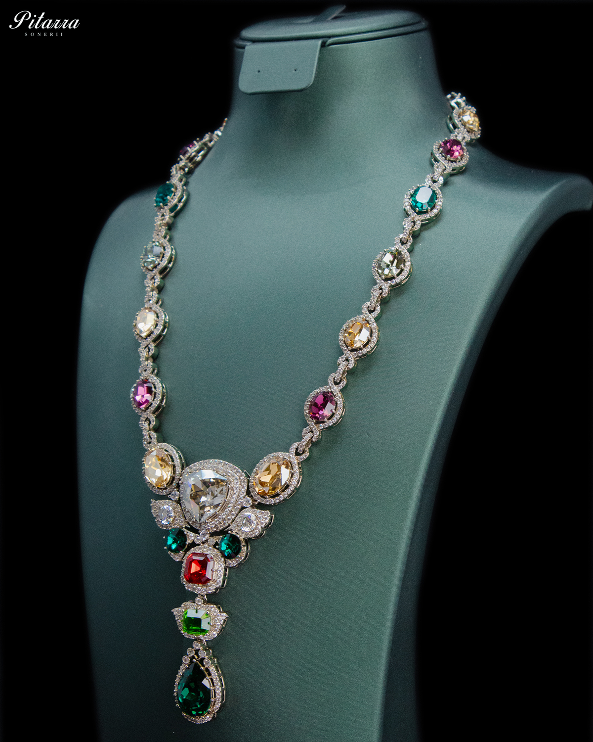 Green and Red Crystal Necklace Set with Green Drop Earrings