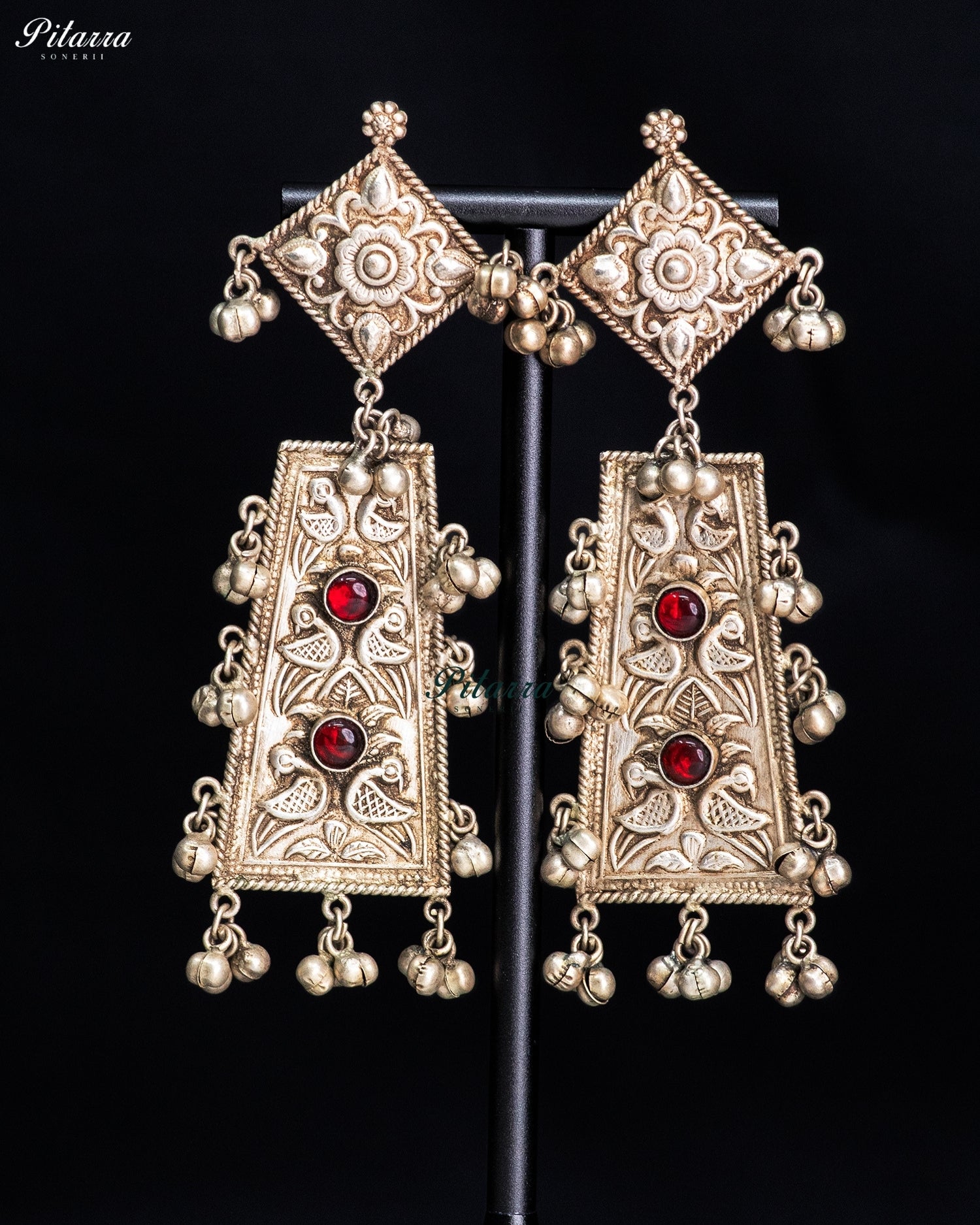 Red Stone Silver Look-Alike Floral Panel Statement Earrings