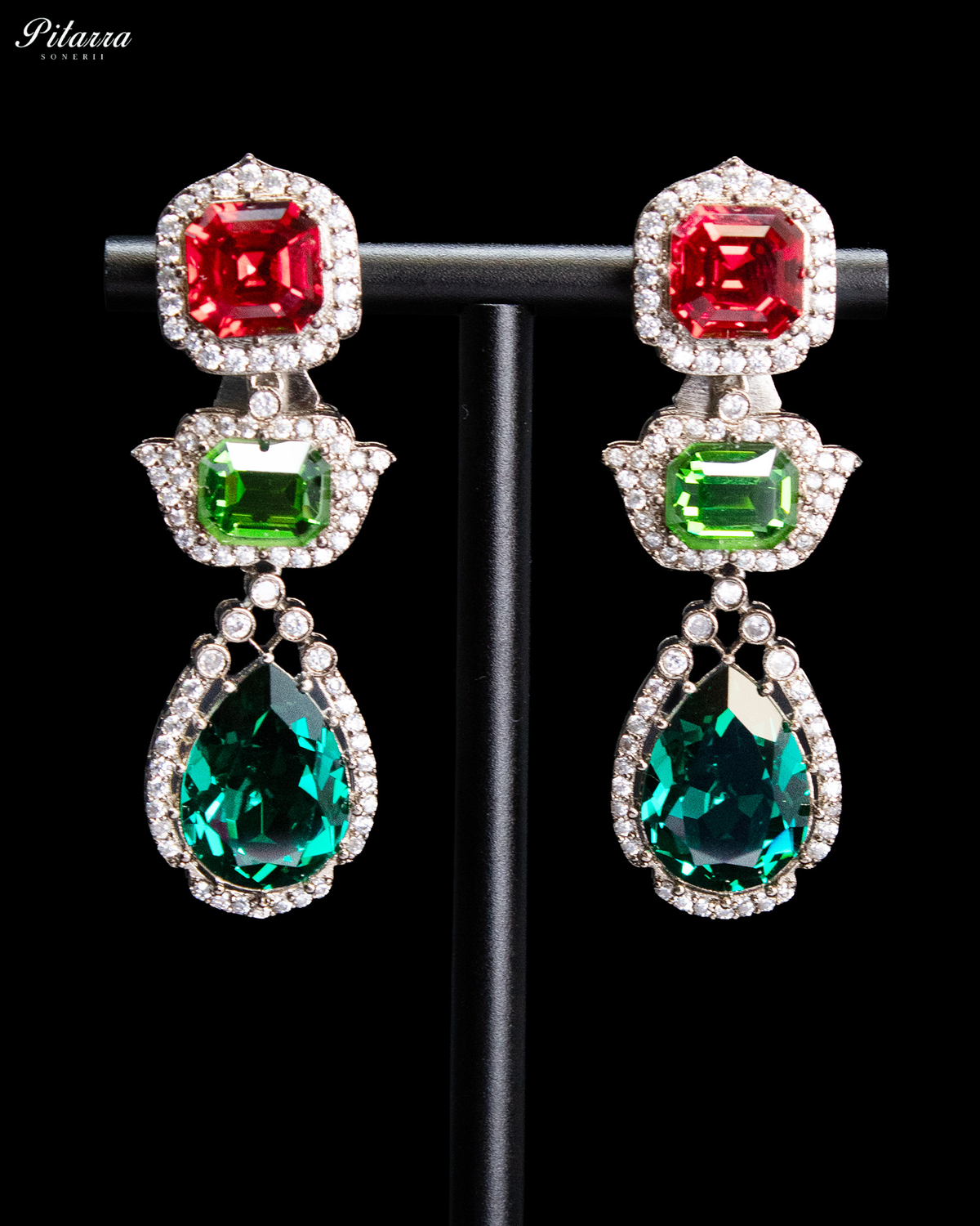 Green and Red Crystal Necklace Set with Green Drop Earrings