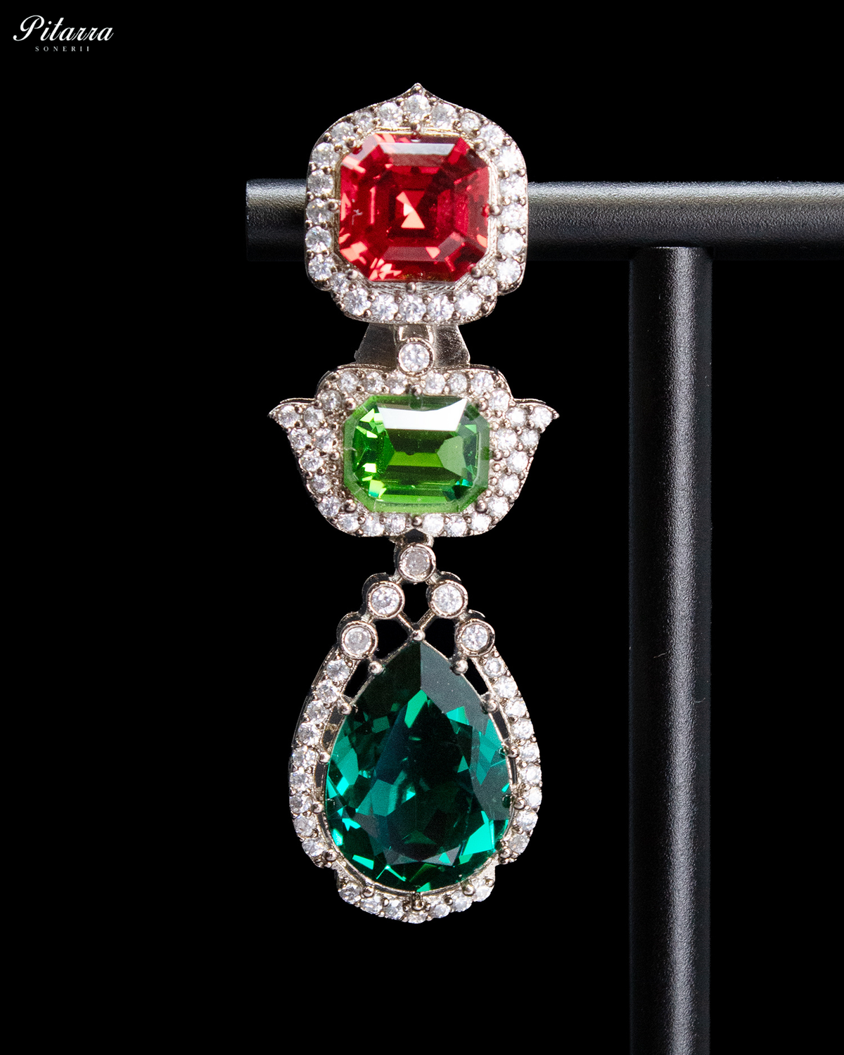 Green and Red Crystal Necklace Set with Green Drop Earrings
