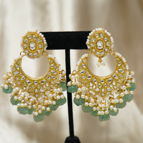 Pista Chandbali with Kundan and Pearls Earrings