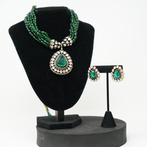 Polki Emerald Doublet Pendant Jewelry Set