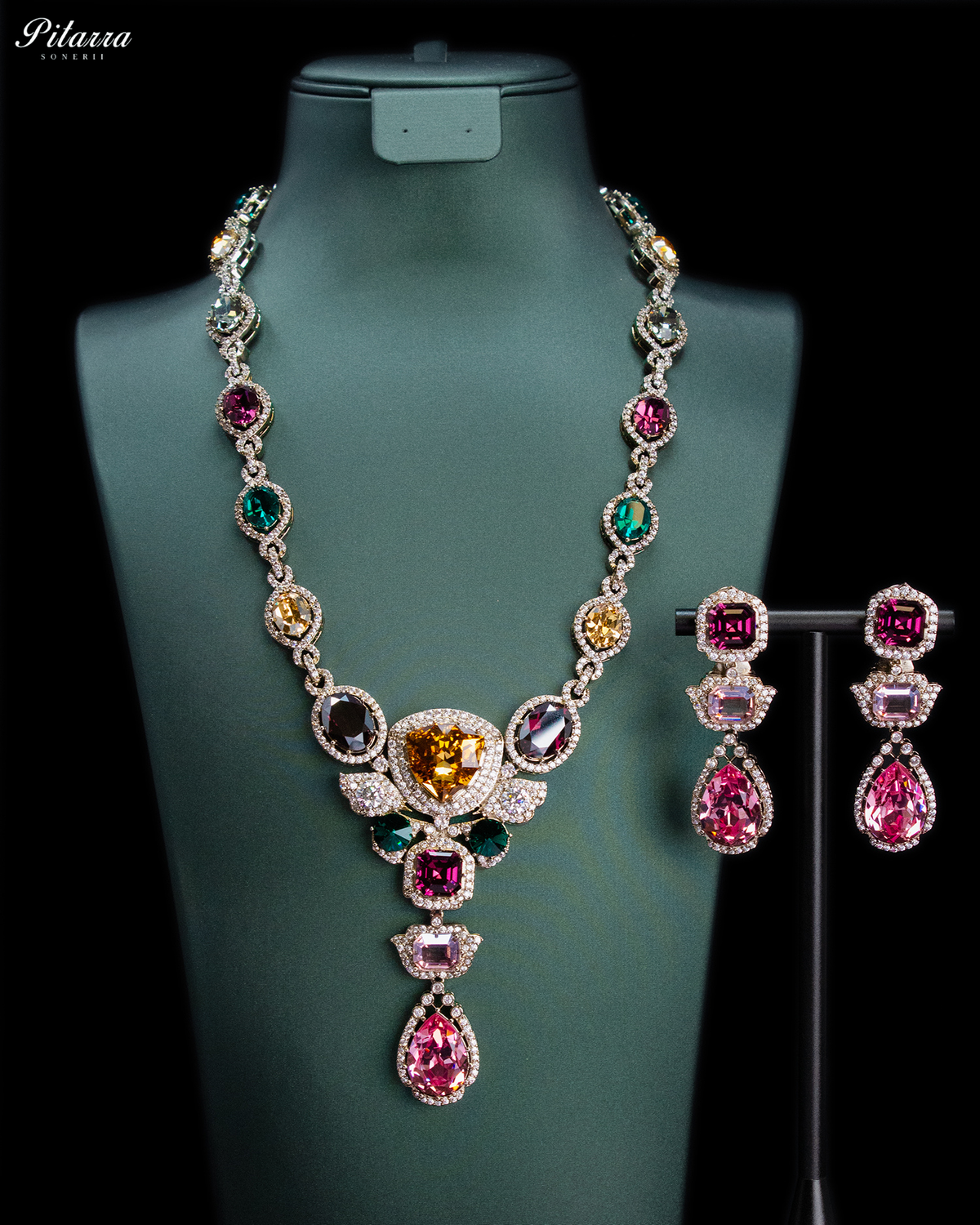 Pink and Gold Crystal Necklace Set with Pink Drop Earrings