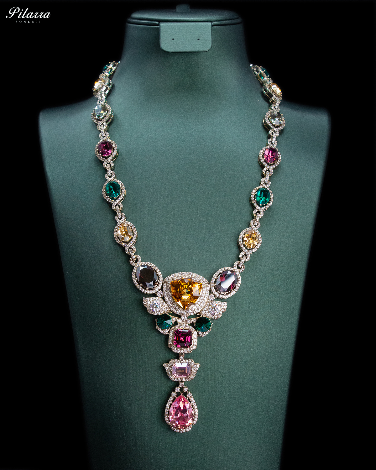 Pink and Gold Crystal Necklace Set with Pink Drop Earrings