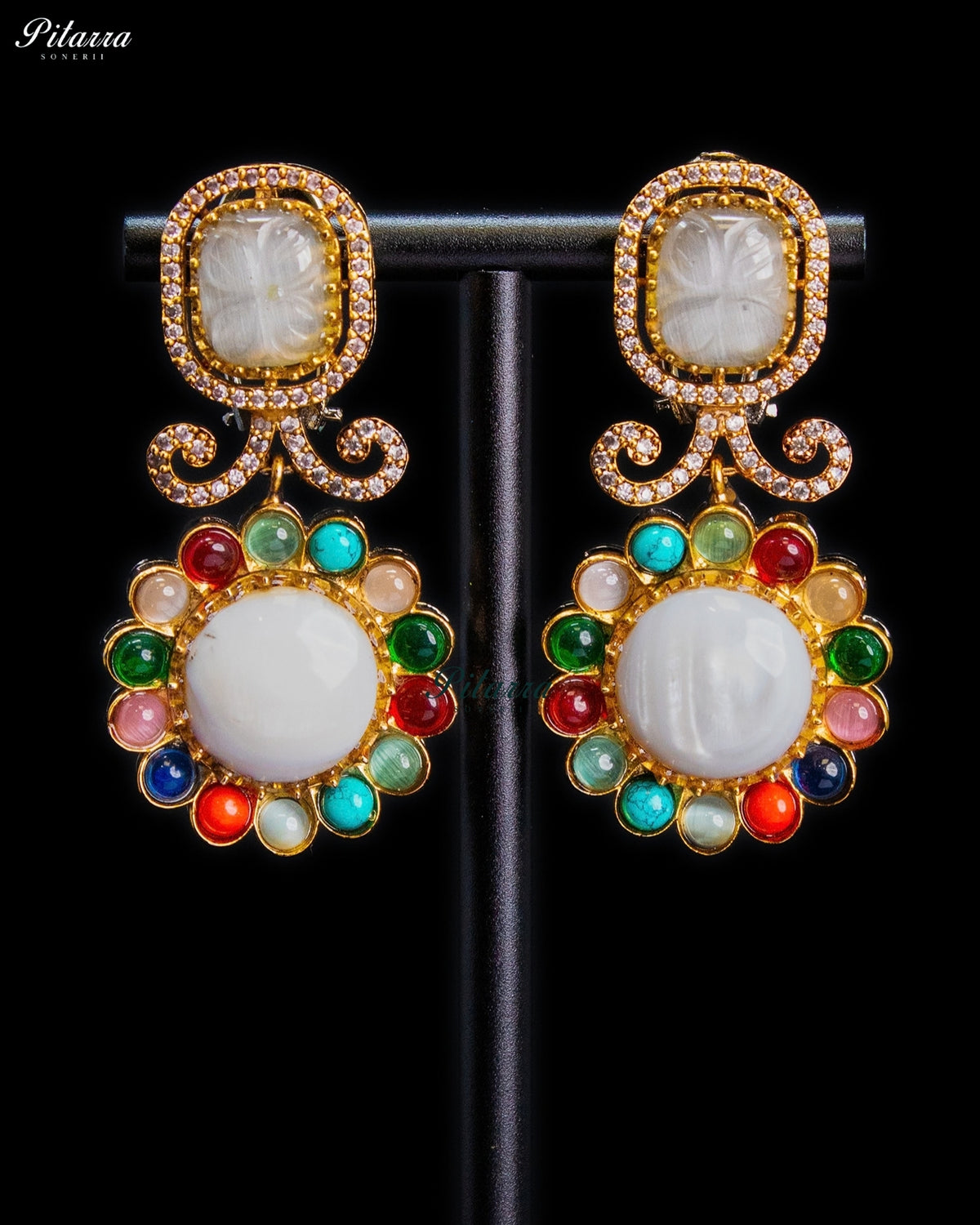 White Multicolor Kundan Style Gold Tone Traditional Dangler Earrings