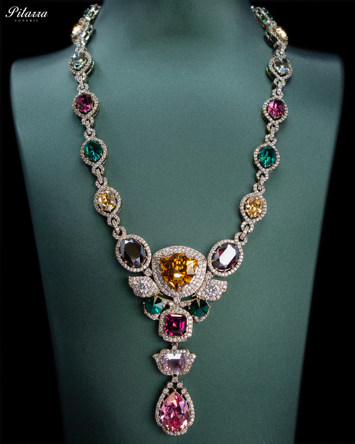Pink and Gold Crystal Necklace Set with Pink Drop Earrings