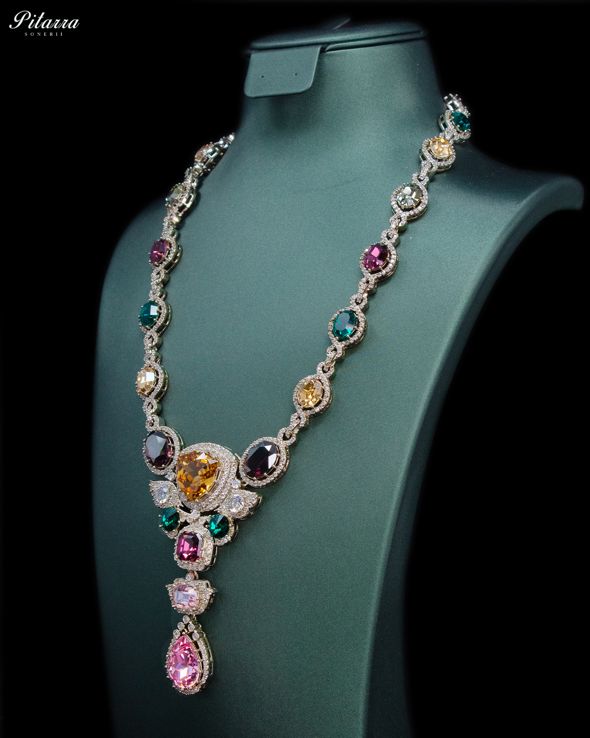 Pink and Gold Crystal Necklace Set with Pink Drop Earrings