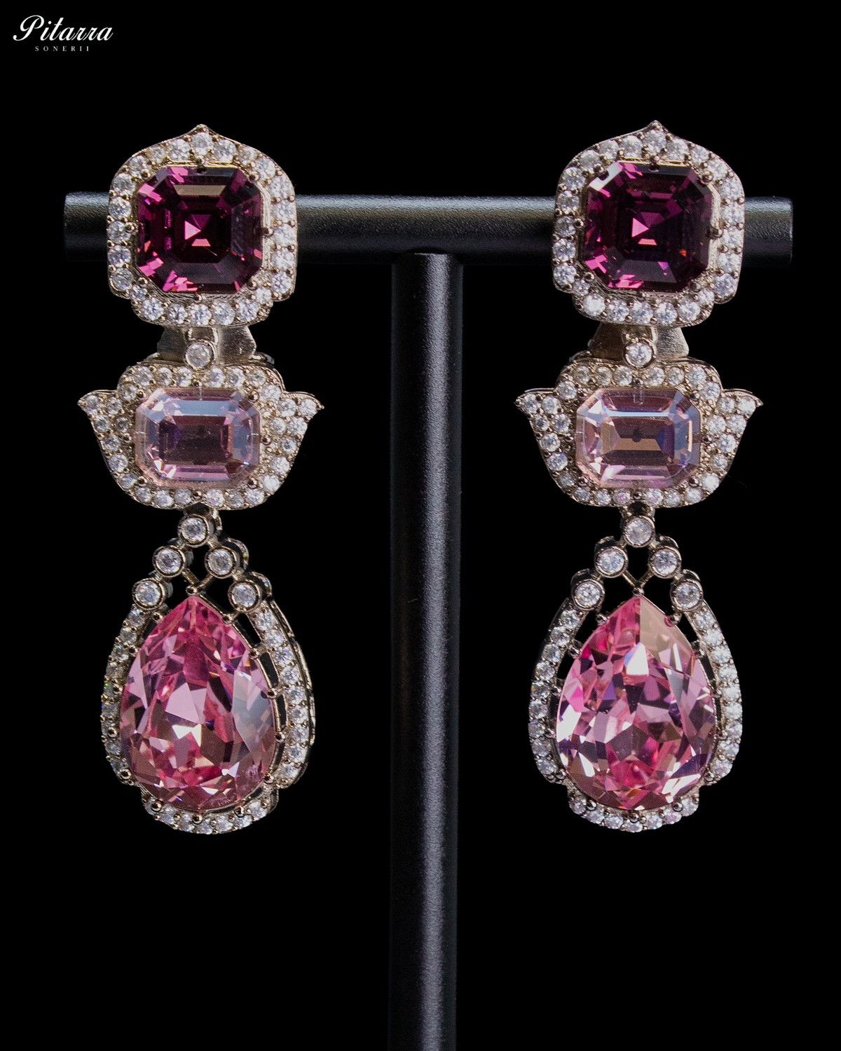 Pink and Gold Crystal Necklace Set with Pink Drop Earrings