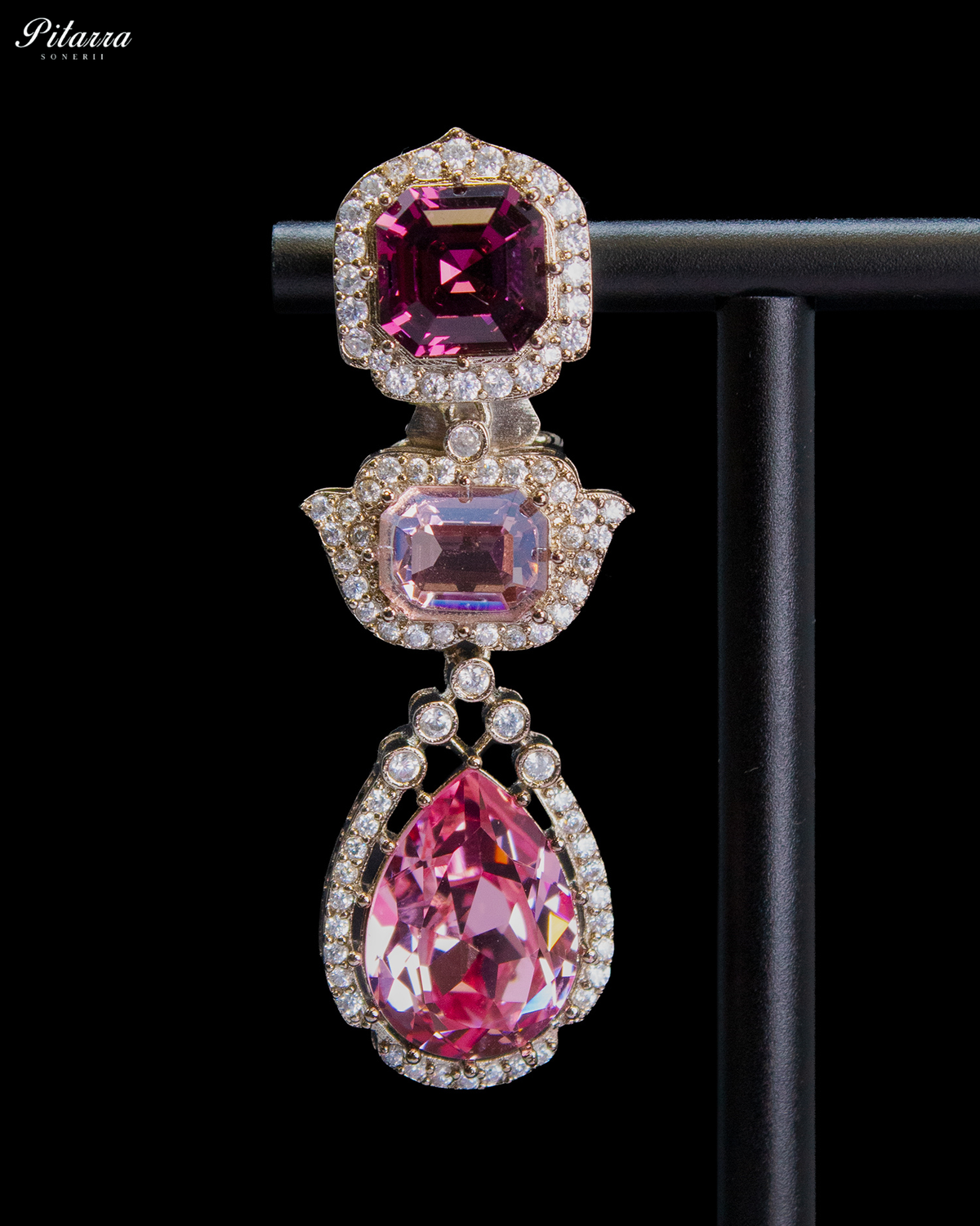 Pink and Gold Crystal Necklace Set with Pink Drop Earrings