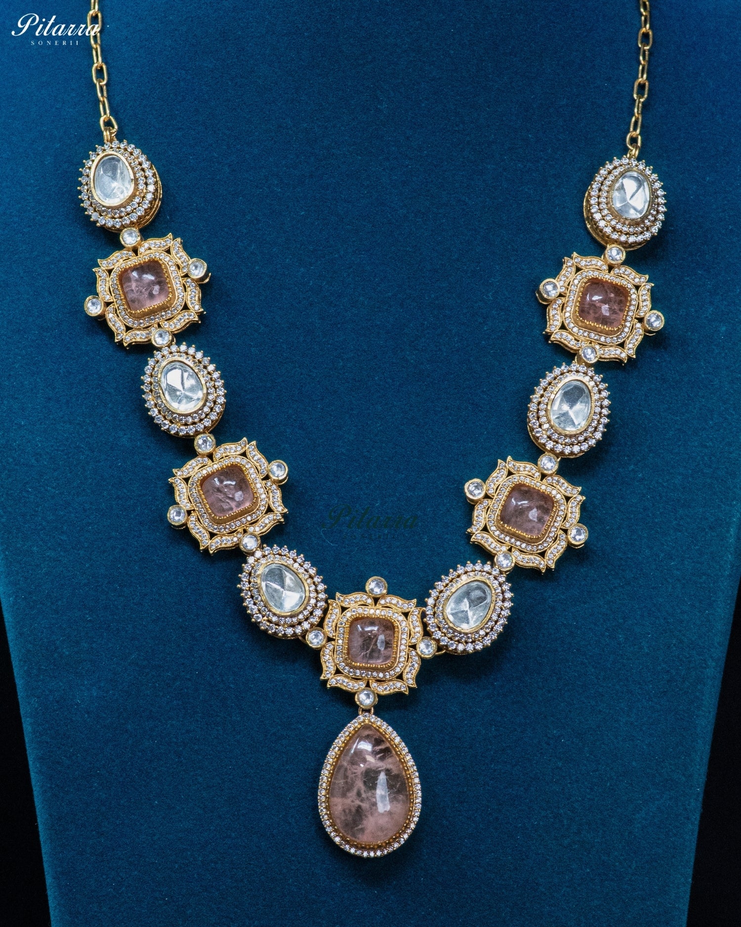 Peach Square and Teardrop Kundan Necklace Set