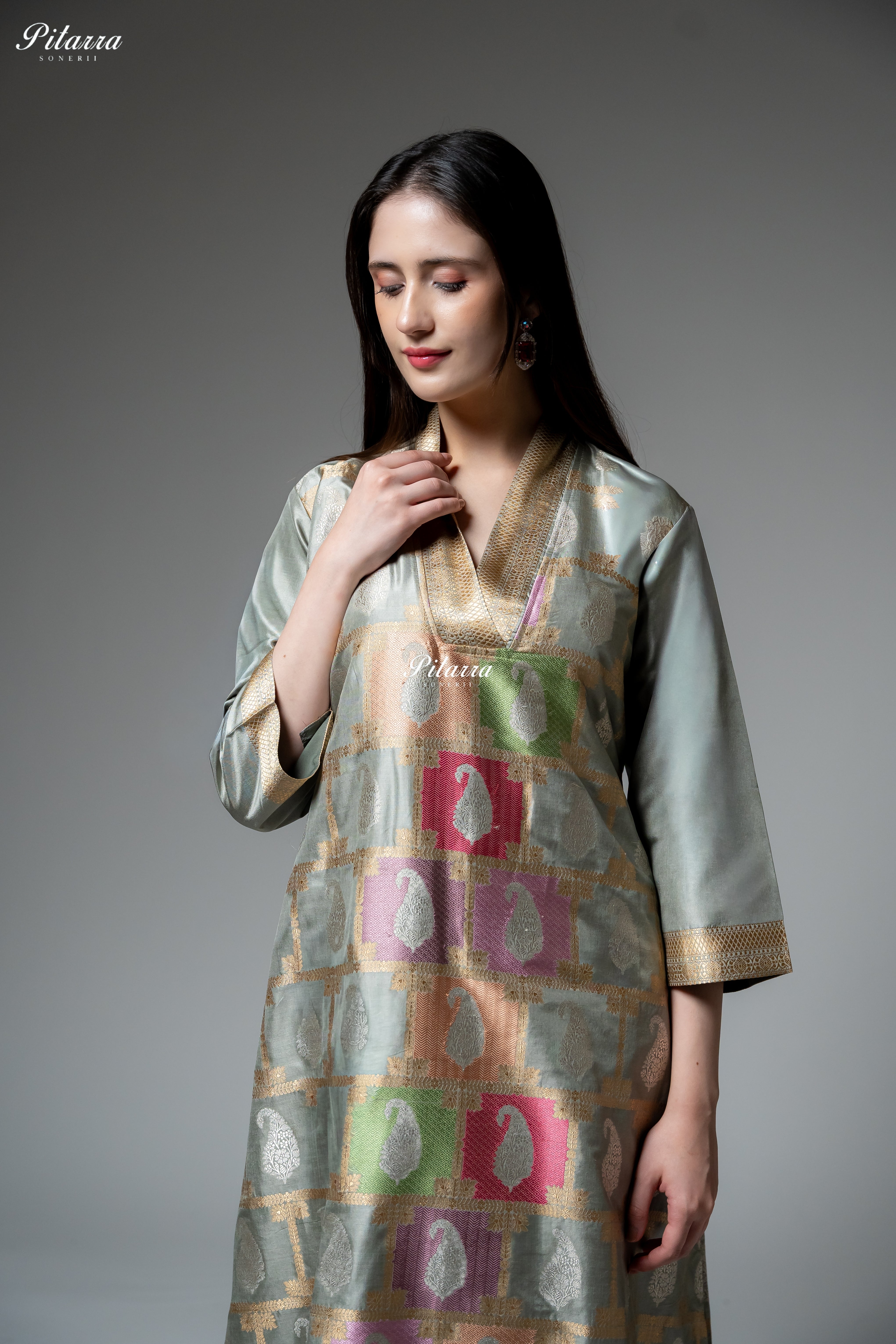 Sage Green Multicolour Zari Paisley Kurta Set with Dupatta