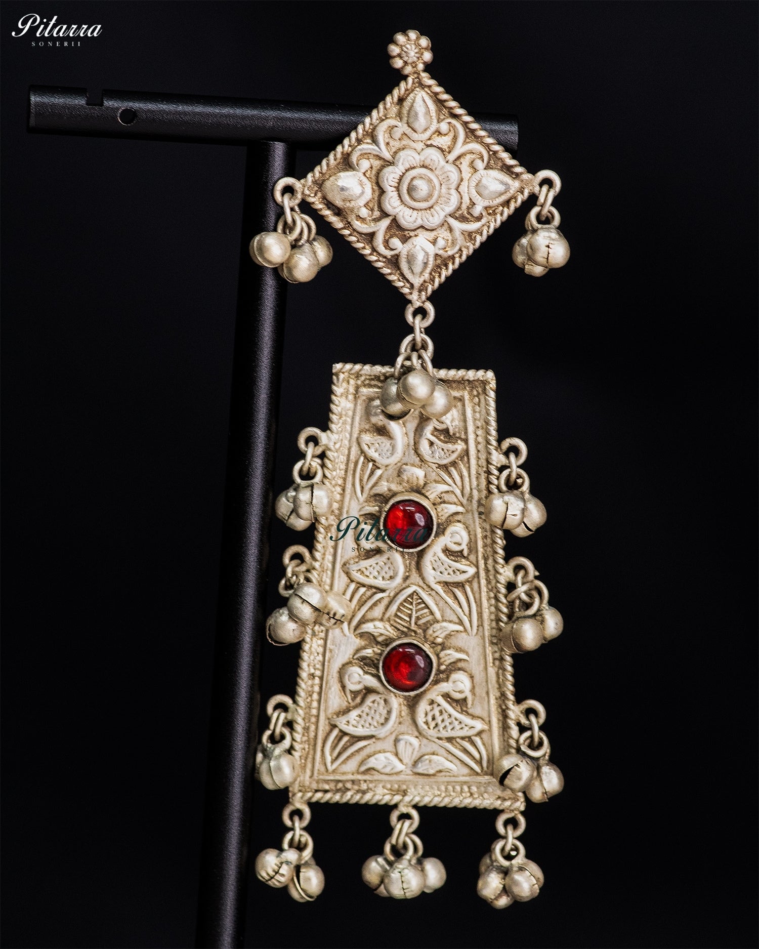 Red Stone Silver Look-Alike Floral Panel Statement Earrings