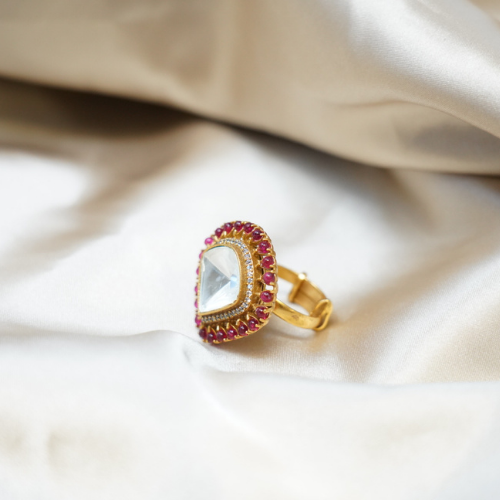 Red and White Stones Gold Plated Ring