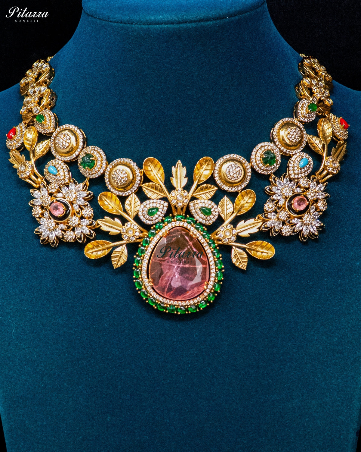 Pink Teardrop Floral Kundan Necklace Set