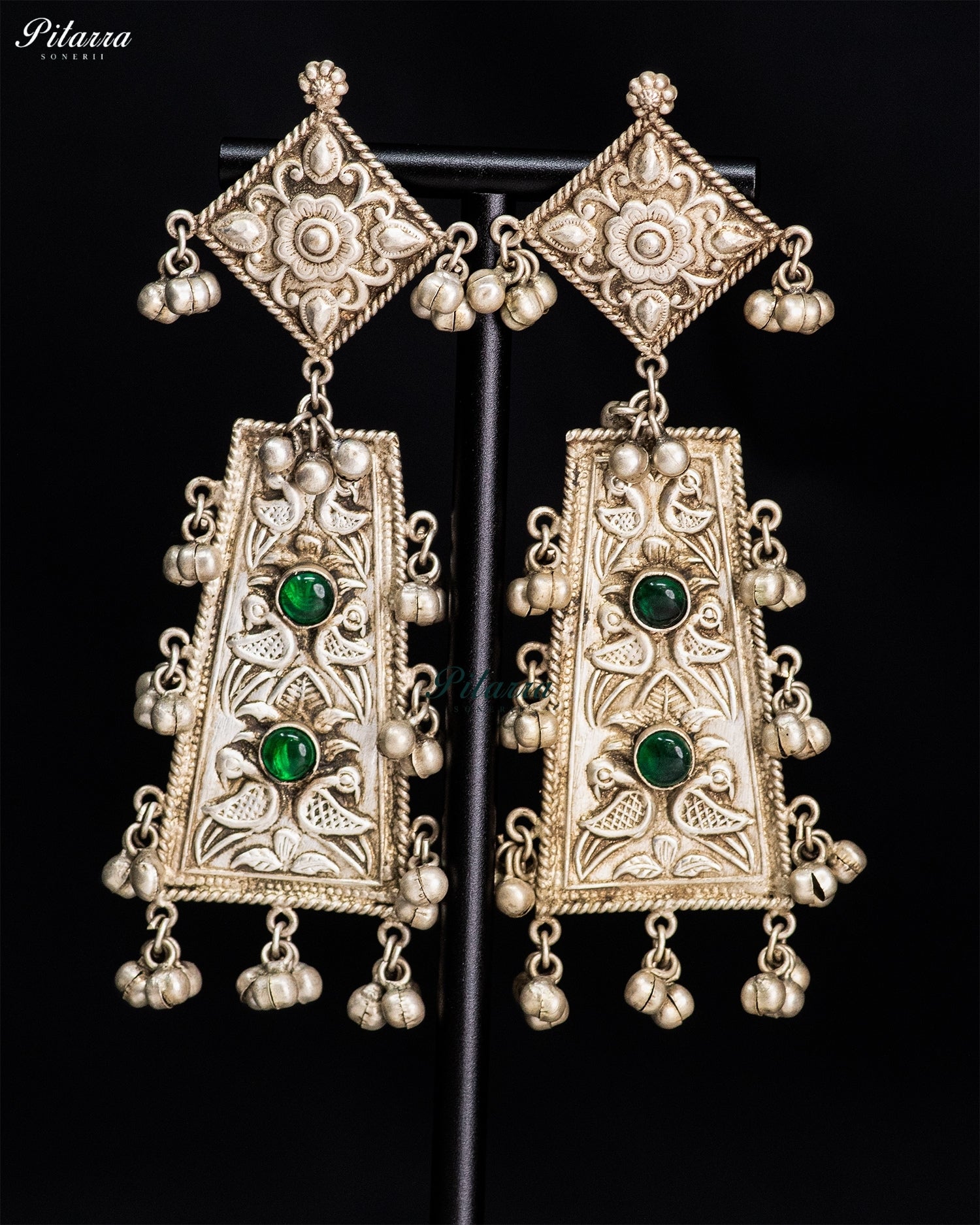Green Stone Silver Look-Alike Floral Panel Statement Earrings