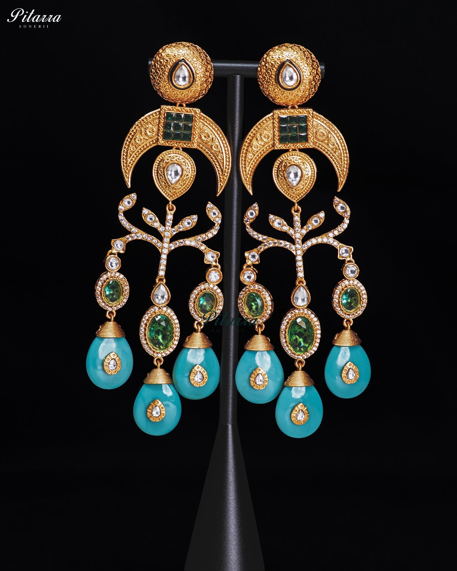 Turquoise Blue Crystal Statement Chandbali Earrings