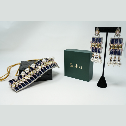 Royal Blue Crystal Beads Kundan Necklace Set