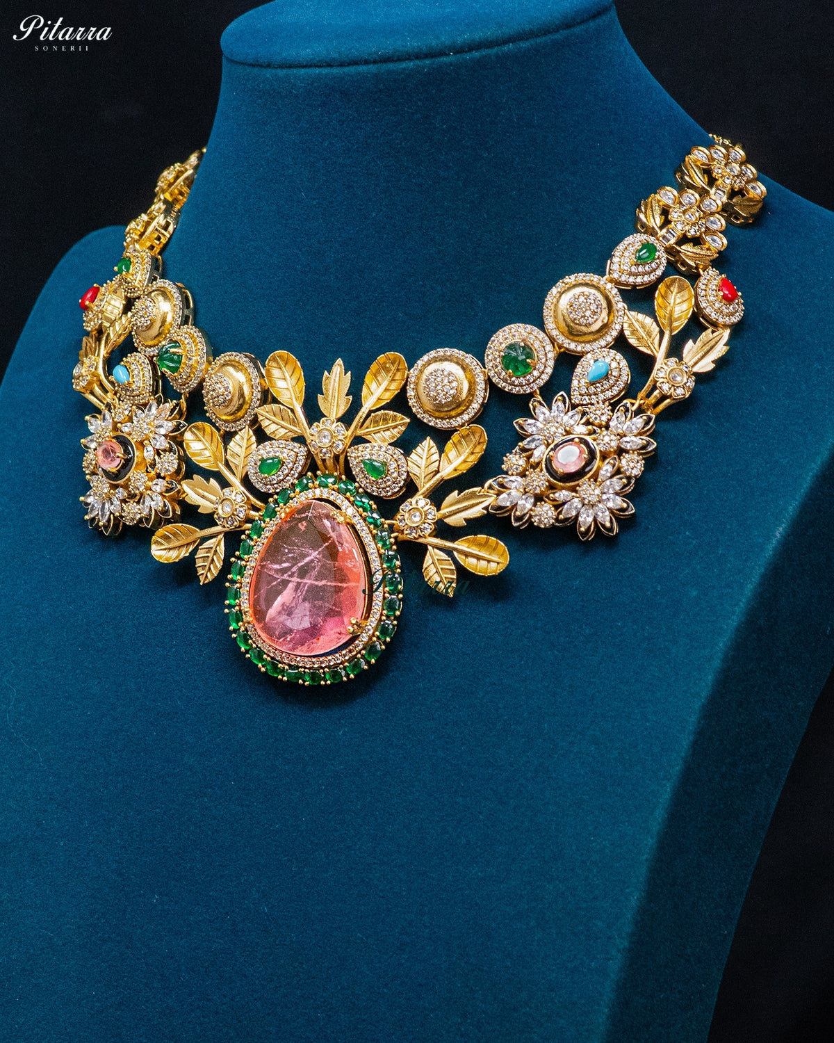 Pink Teardrop Floral Kundan Necklace Set