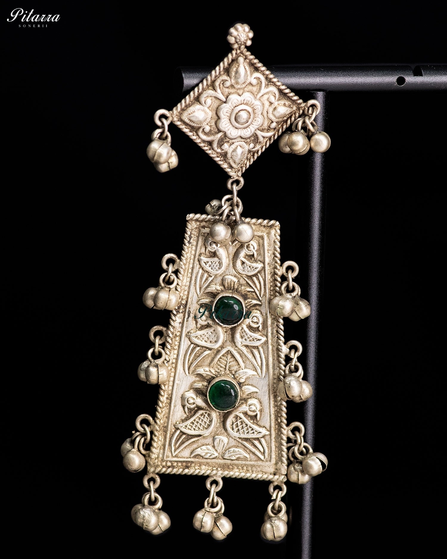 Green Stone Silver Look-Alike Floral Panel Statement Earrings