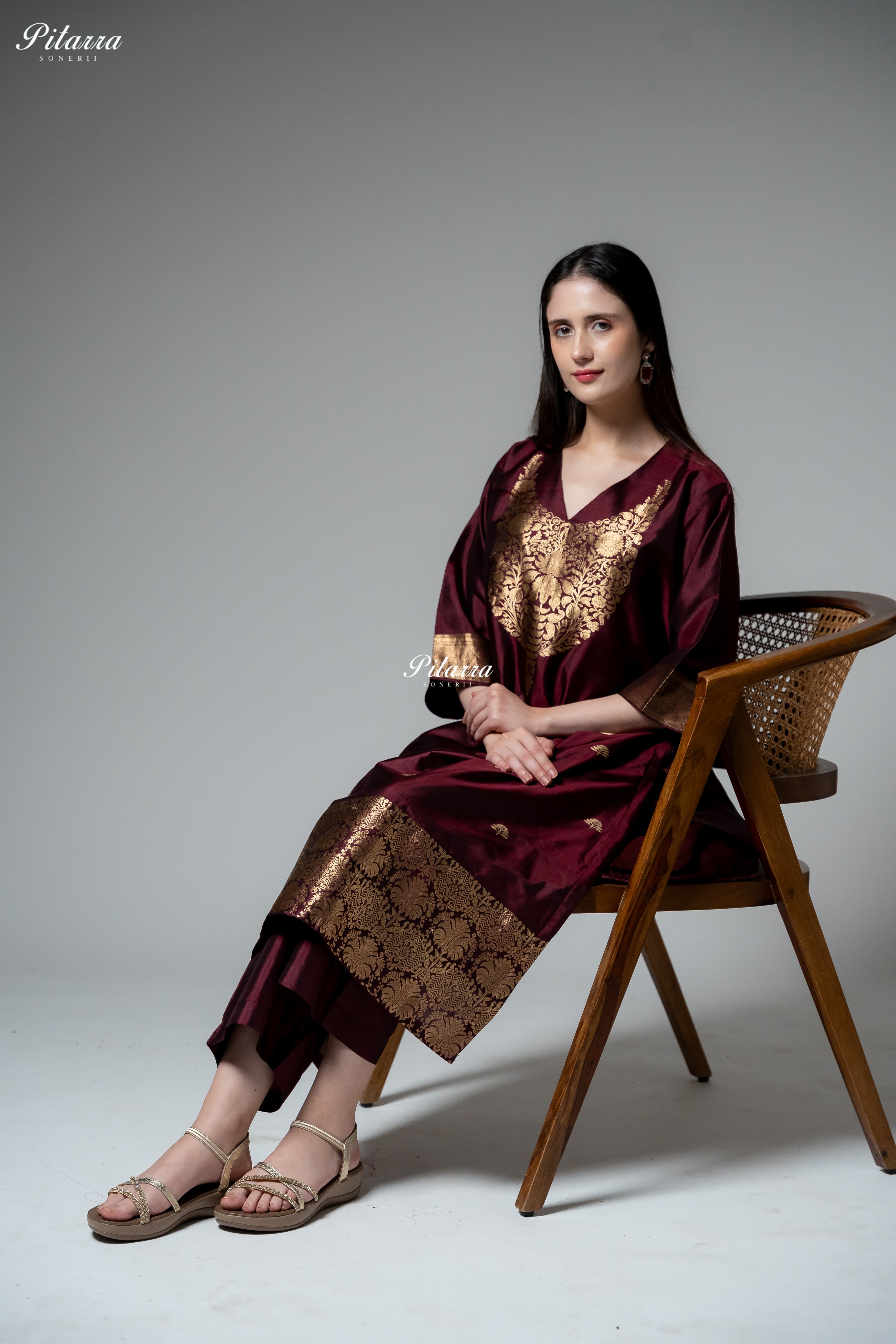 Burgundy Gold Zari Floral Embroidered Kurta Pant Set