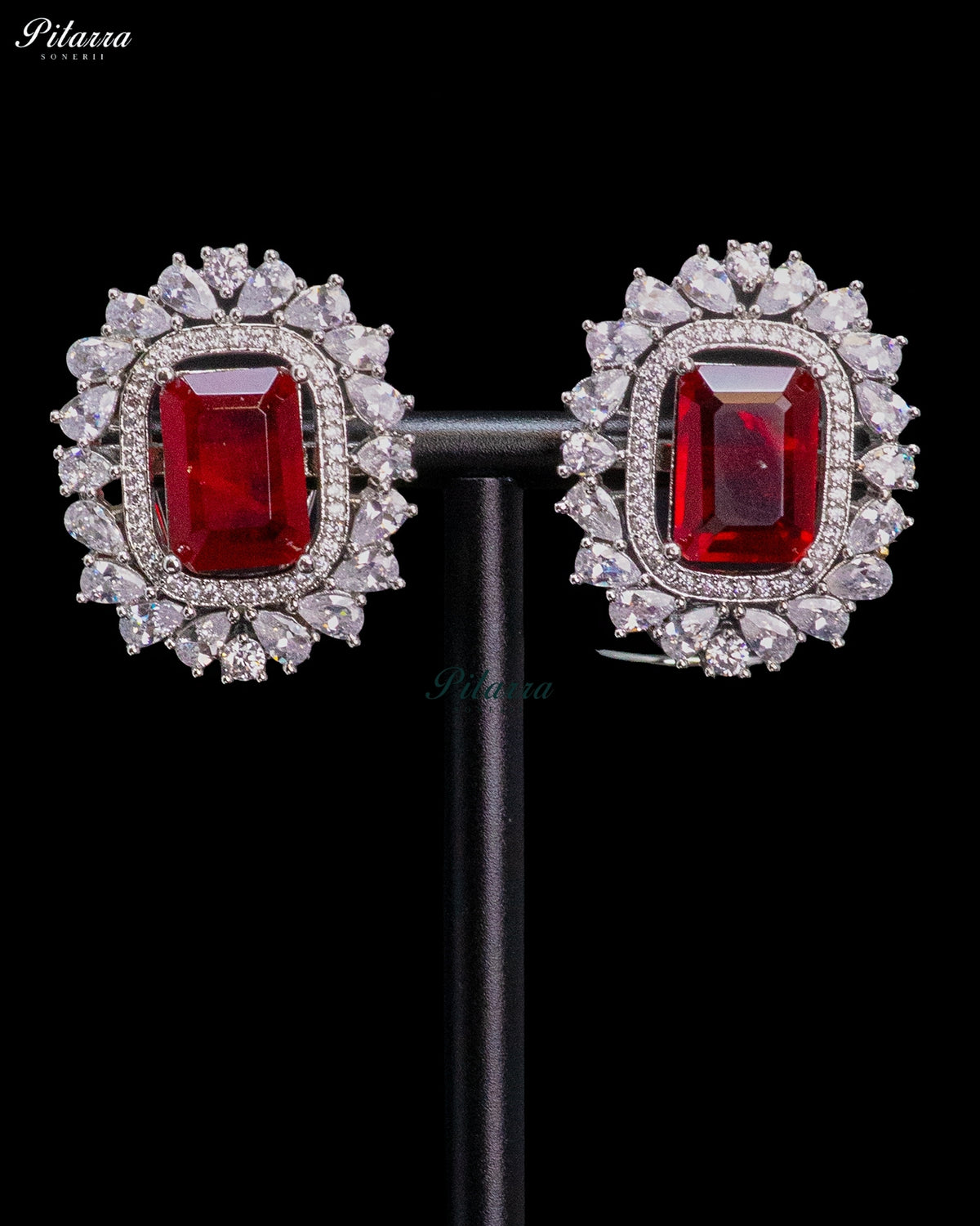 Ruby Red Stone Rectangular Zircon Silver Crystal Choker Necklace Set