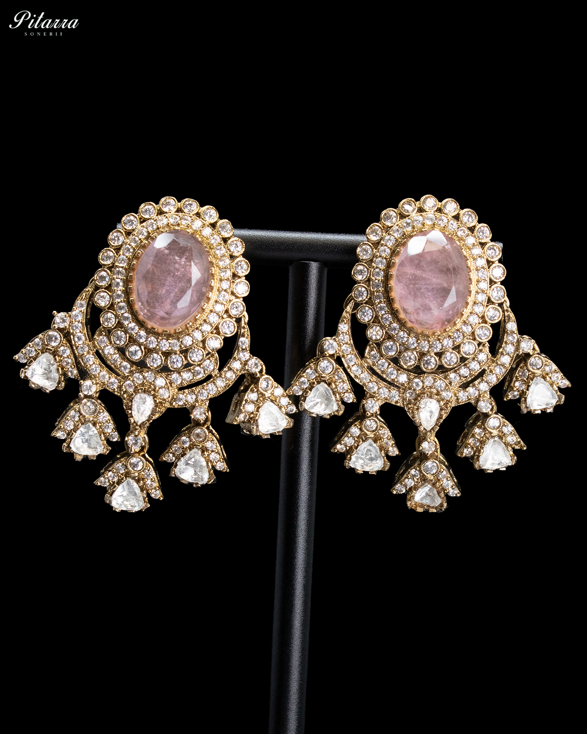 Blush Pink Clear Kundan-Style Chandbali Earrings