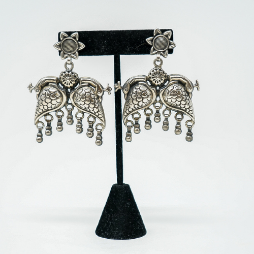 Silver Earrings With Peacock Motif And Flower Stud