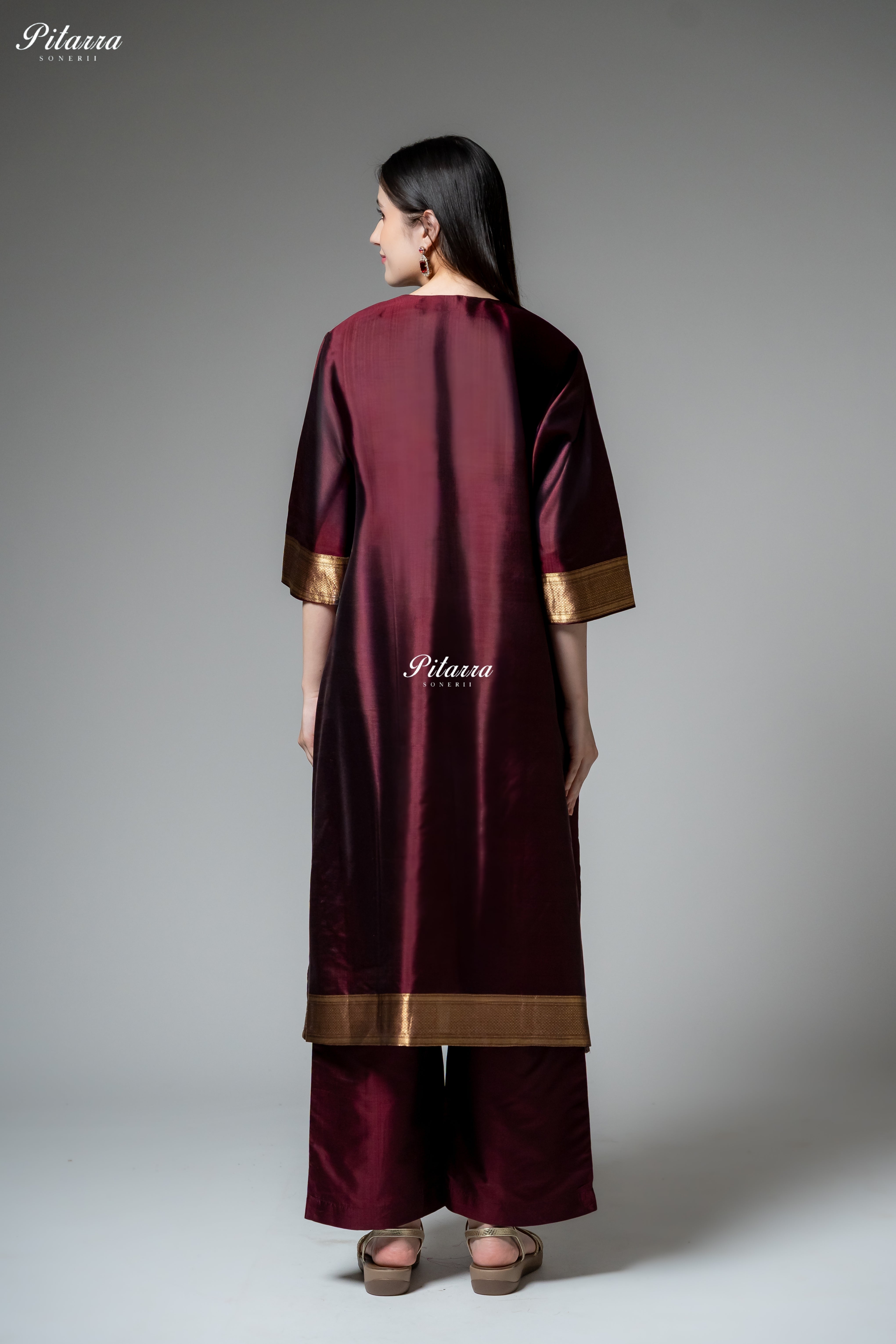 Burgundy Gold Zari Floral Embroidered Kurta Pant Set