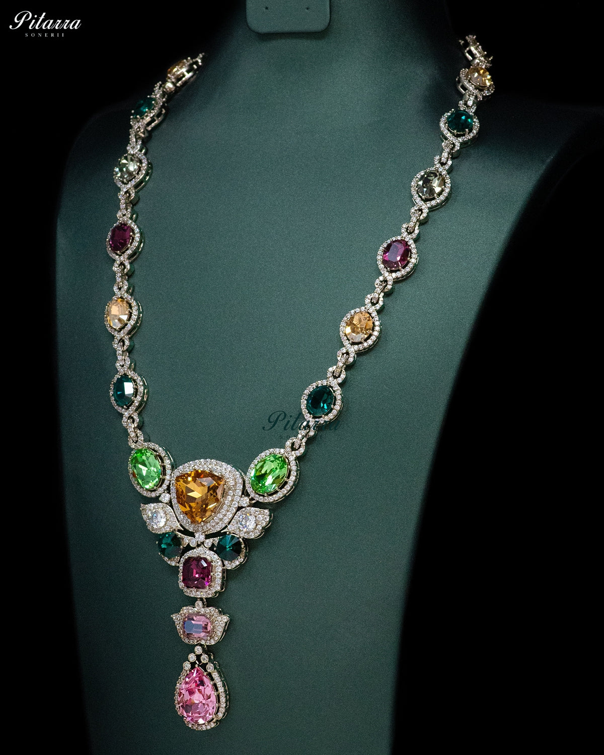 Pink Multicolor Crystal Pendant Necklace Set