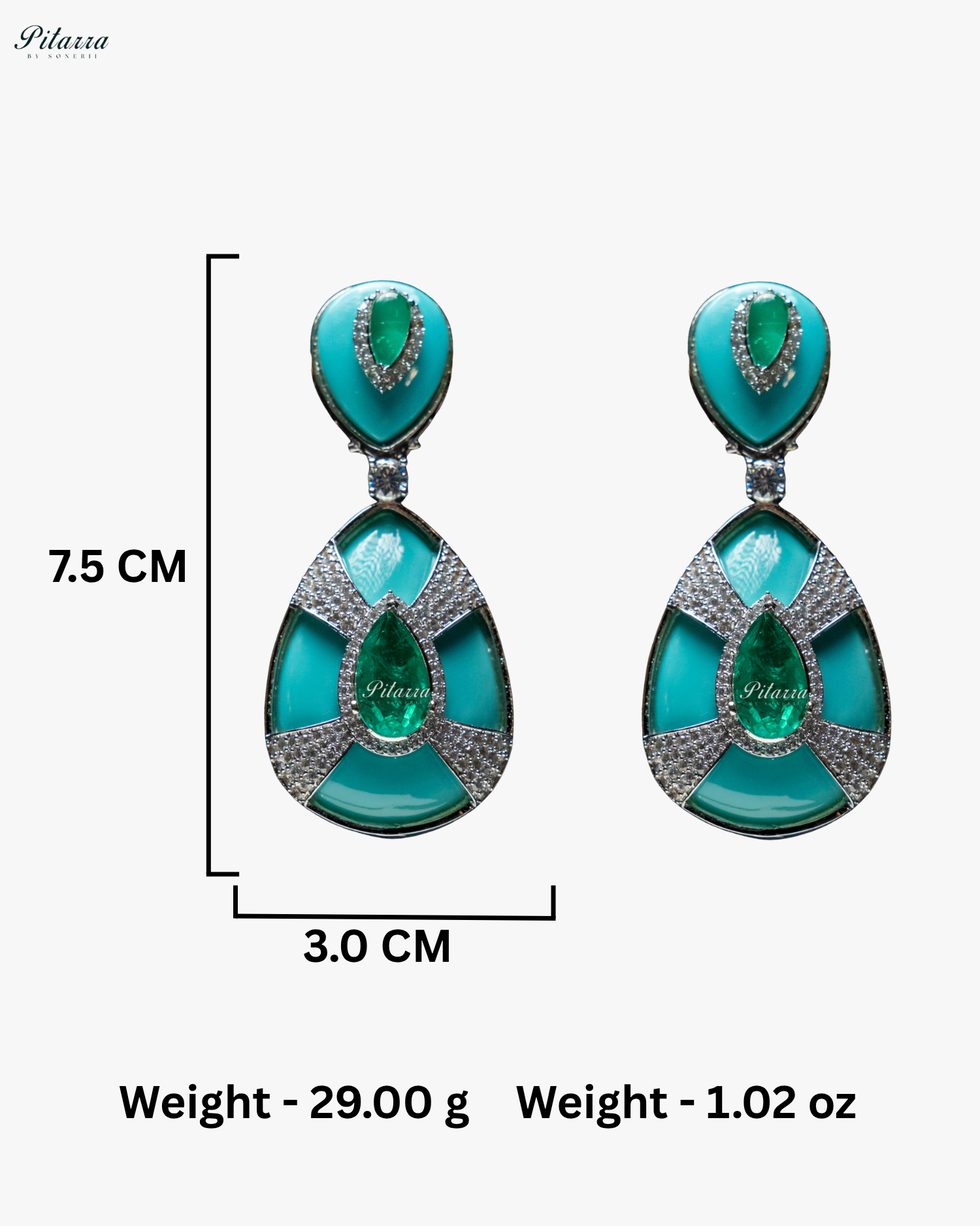 Turquoise Stone Emerald Drop Silver Line Crystal Dangler Earrings